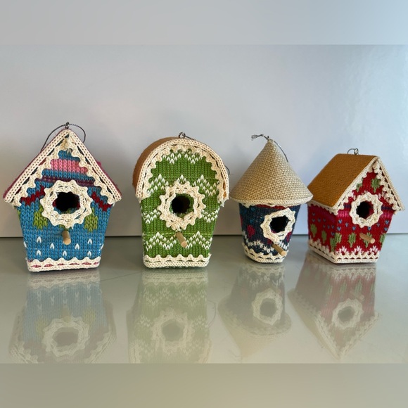 Vintage Birdhouse Xmas Tree Ornaments Set of 4 Colourful Handmade Embroidered - Picture 2 of 11